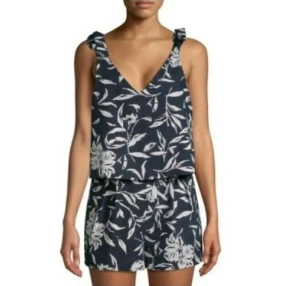 J.O.A. Navy Blue 100% Linen Tie Strap Romper Sz XS - Picture 8 of 8